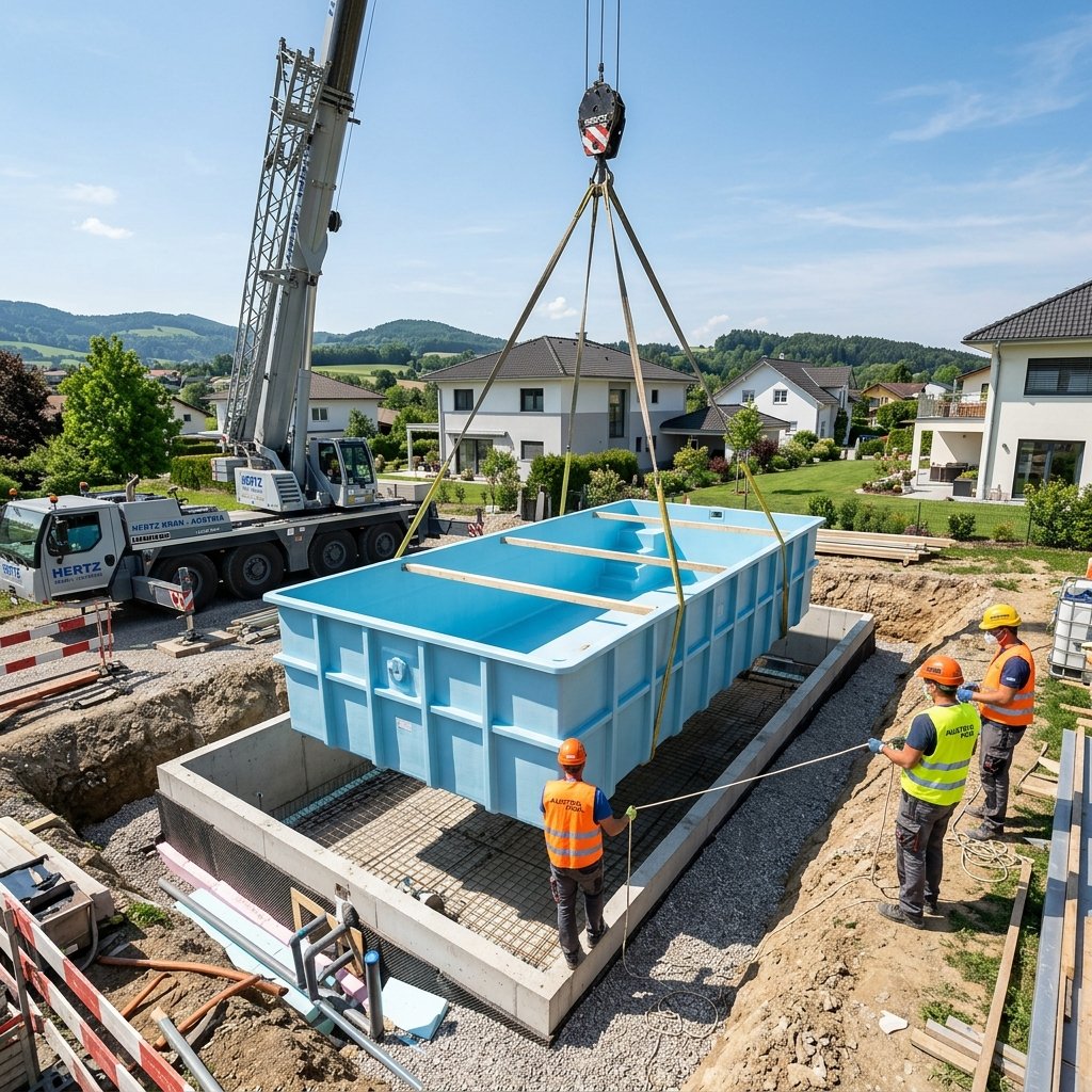 PP-Pool wird per Kran in die Baugrube gehoben
