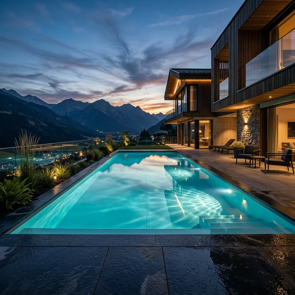 Polypropylen Pool mit kristallklarem Wasser im Garten bei Abendsonne