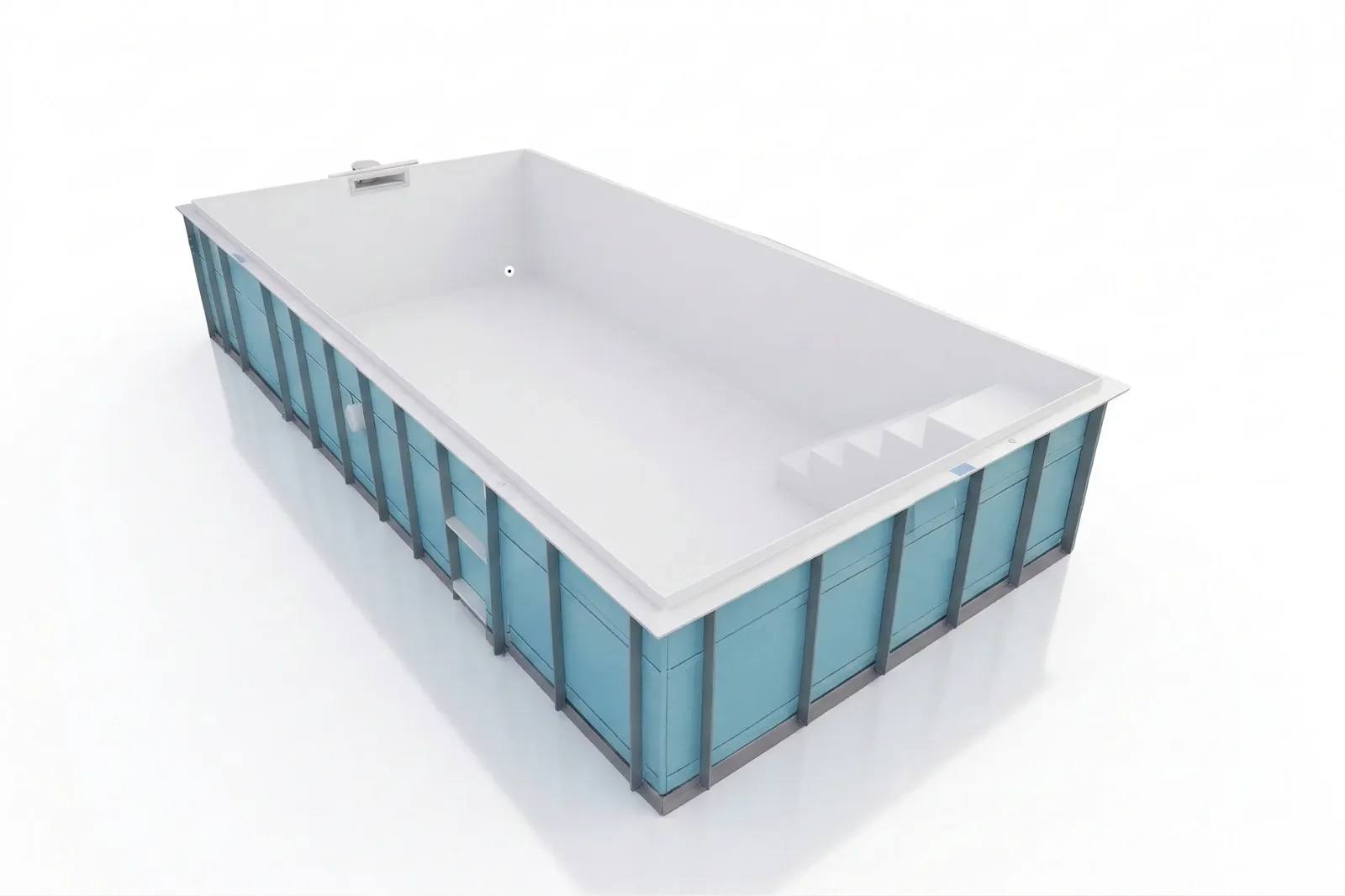 Polypropylen-Pool im Detail: Skimmer, Bodenablauf, LED-Scheinwerfer, Treppe, Isolierung, 8 mm Wandstärke